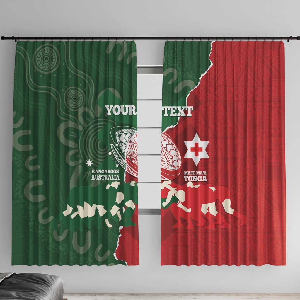 Custom Tonga And Australia Rugby Window Curtain Mate Maa Tongan Ngatu Mix Kangaroos Aboriginal LT14 With Hooks Green - Polynesian Pride