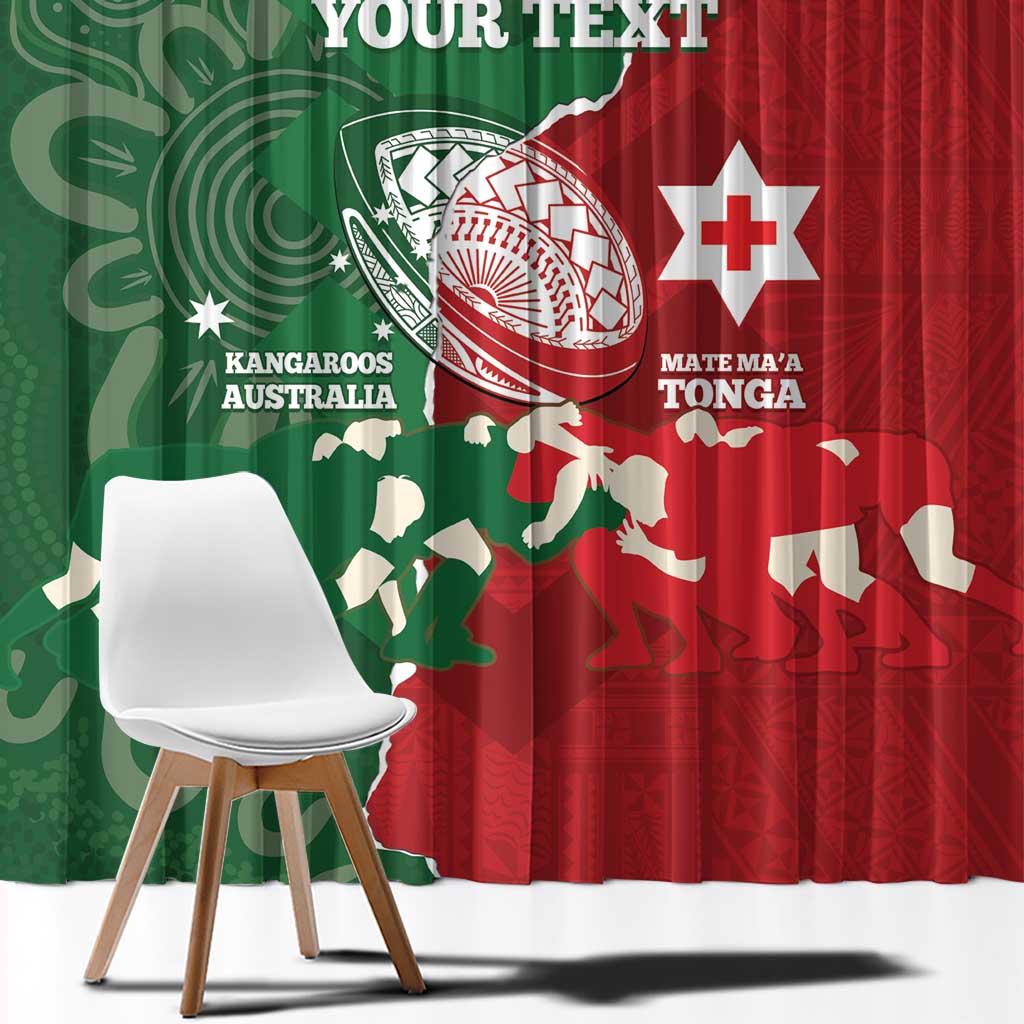 Custom Tonga And Australia Rugby Window Curtain Mate Maa Tongan Ngatu Mix Kangaroos Aboriginal LT14 - Polynesian Pride