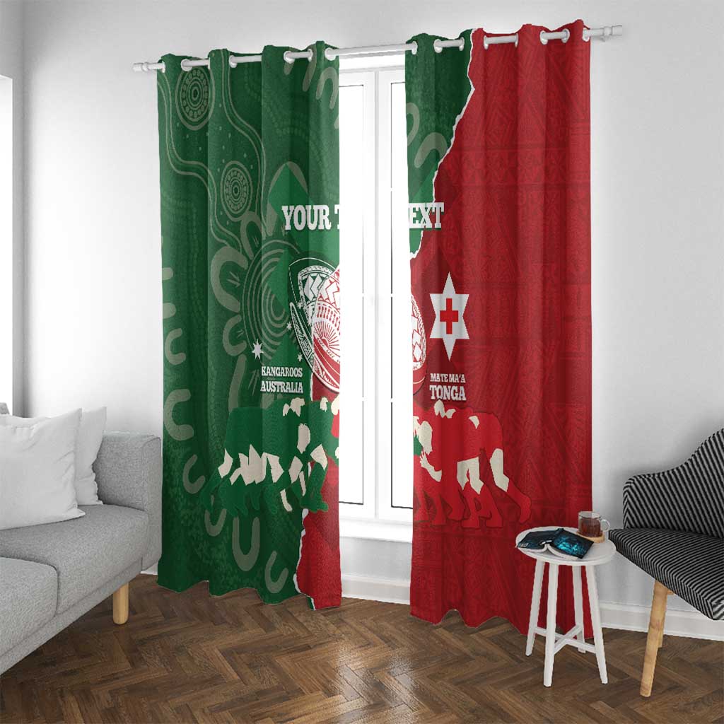 Custom Tonga And Australia Rugby Window Curtain Mate Maa Tongan Ngatu Mix Kangaroos Aboriginal LT14 With Grommets Green - Polynesian Pride