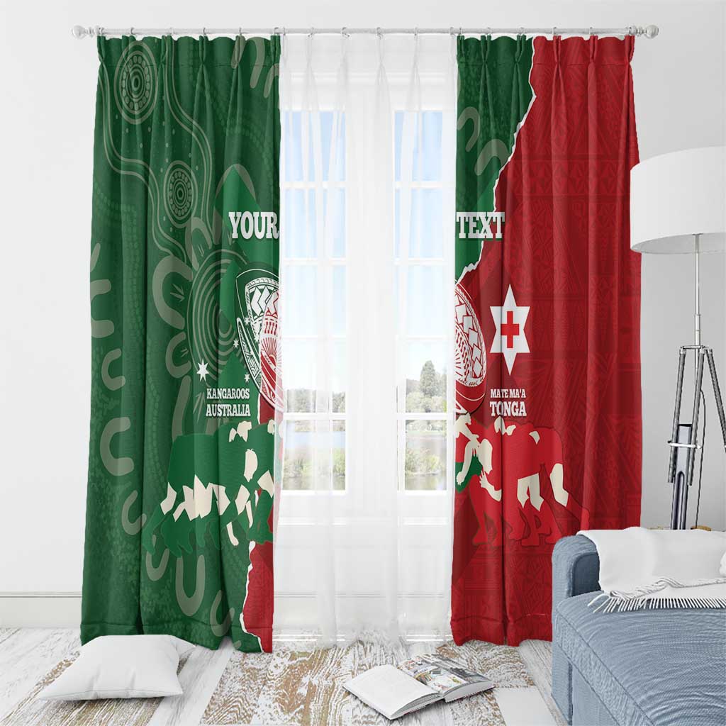 Custom Tonga And Australia Rugby Window Curtain Mate Maa Tongan Ngatu Mix Kangaroos Aboriginal LT14 - Polynesian Pride