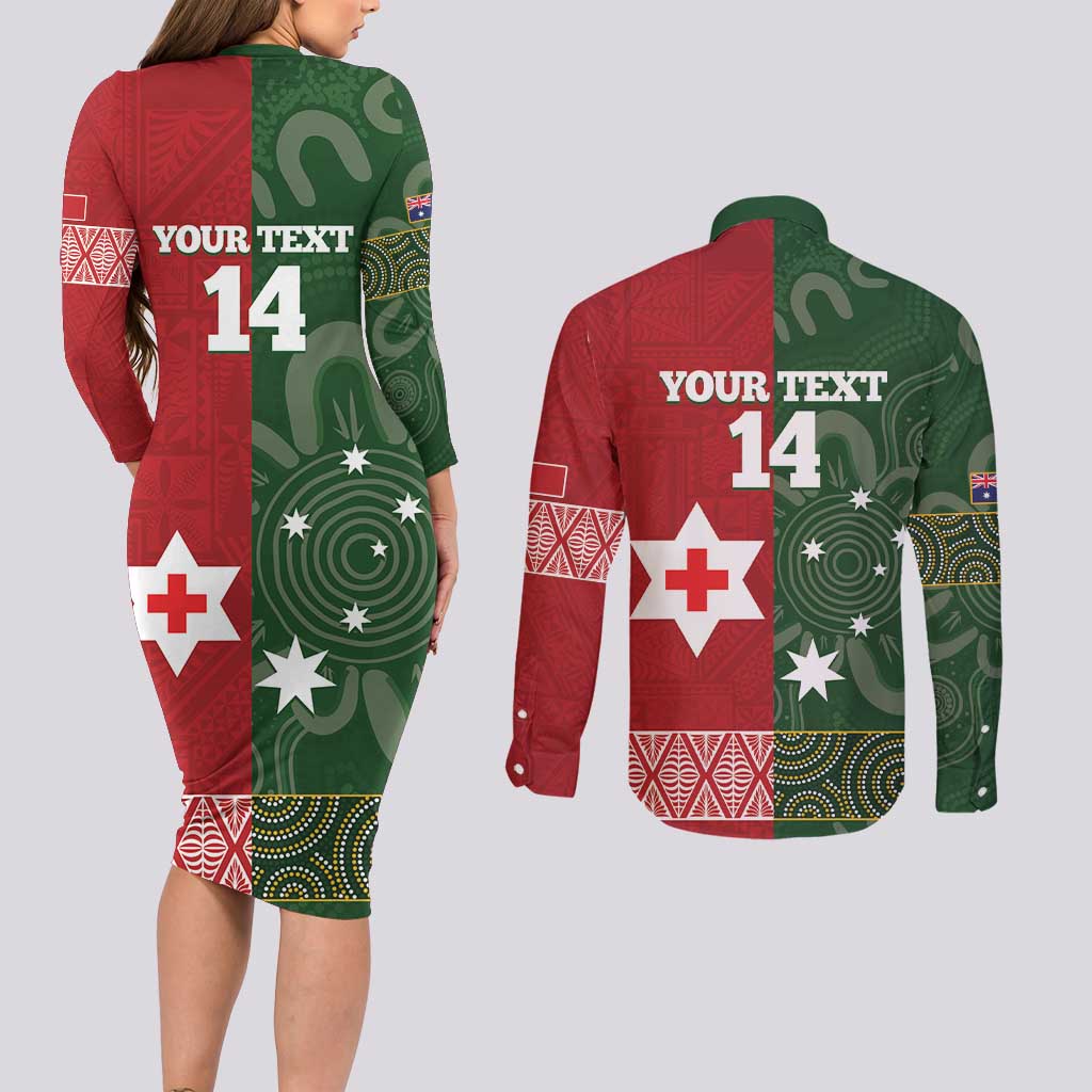 Custom Mate Maa Tonga And Kangaroo Australia Couples Matching Long Sleeve Bodycon Dress and Long Sleeve Button Shirt Tongan Kupesi Mix Aboriginal Art