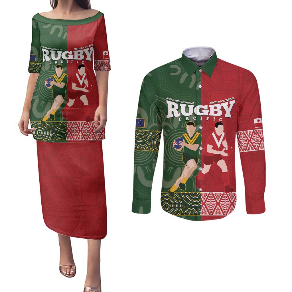 Custom Mate Maa Tonga And Kangaroo Australia Couples Matching Puletasi and Long Sleeve Button Shirt Tongan Kupesi Mix Aboriginal Art LT14 Green - Polynesian Pride
