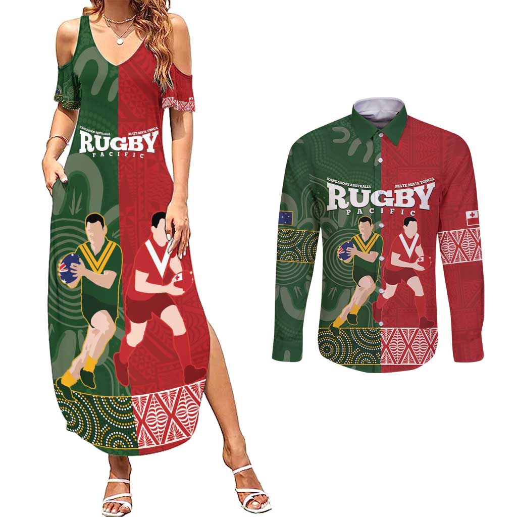 Custom Mate Maa Tonga And Kangaroo Australia Couples Matching Summer Maxi Dress and Long Sleeve Button Shirt Tongan Kupesi Mix Aboriginal Art LT14 Green - Polynesian Pride