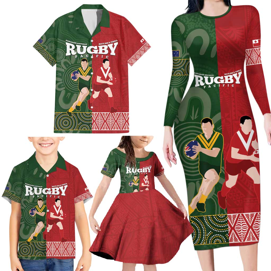 Custom Mate Maa Tonga And Kangaroo Australia Family Matching Long Sleeve Bodycon Dress and Hawaiian Shirt Tongan Kupesi Mix Aboriginal Art