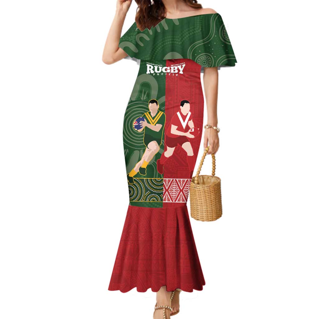 Custom Mate Maa Tonga And Kangaroo Australia Family Matching Mermaid Dress and Hawaiian Shirt Tongan Kupesi Mix Aboriginal Art
