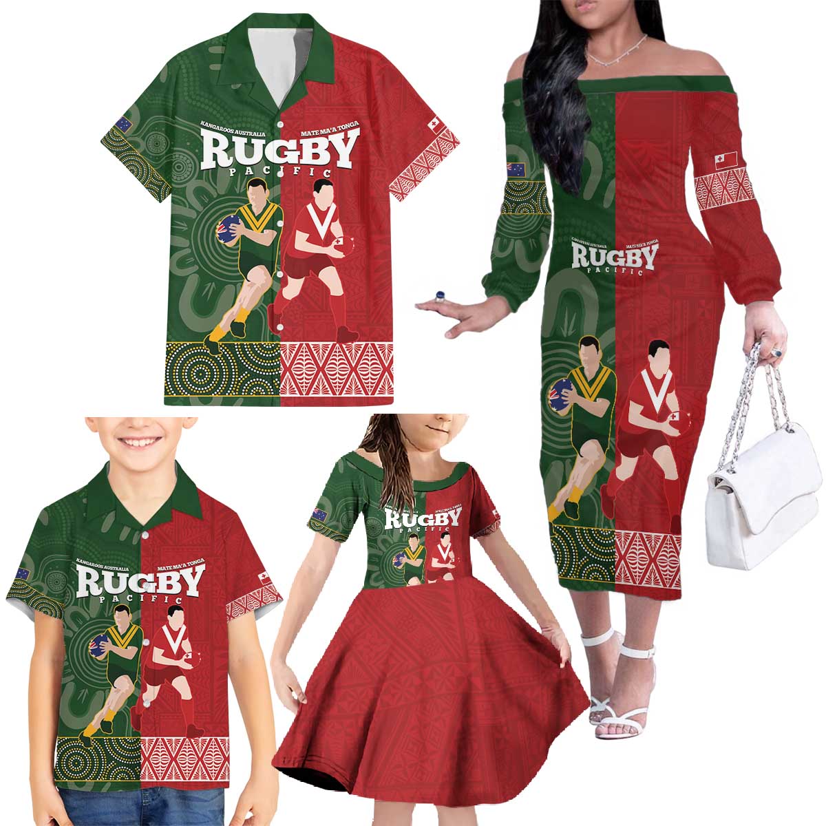 Custom Mate Maa Tonga And Kangaroo Australia Family Matching Off The Shoulder Long Sleeve Dress and Hawaiian Shirt Tongan Kupesi Mix Aboriginal Art LT14 - Polynesian Pride