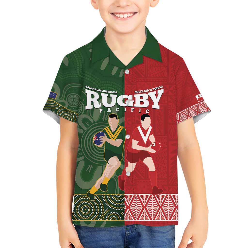 Custom Mate Maa Tonga And Kangaroo Australia Family Matching Puletasi and Hawaiian Shirt Tongan Kupesi Mix Aboriginal Art