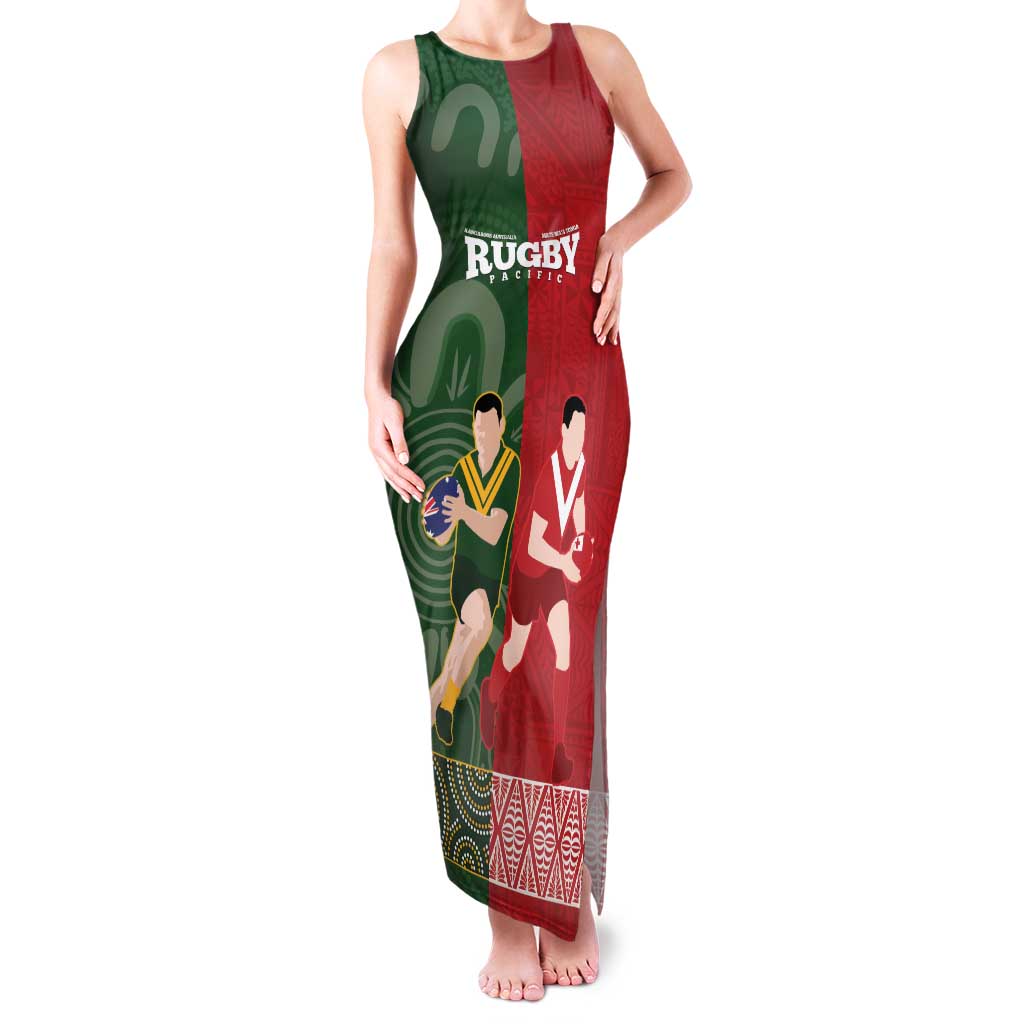 Custom Mate Maa Tonga And Kangaroo Australia Family Matching Tank Maxi Dress and Hawaiian Shirt Tongan Kupesi Mix Aboriginal Art