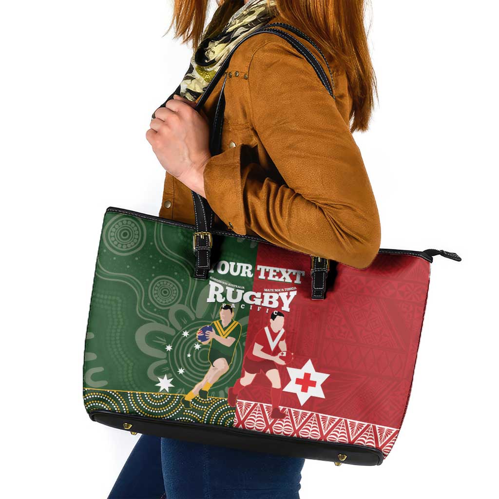Custom Mate Maa Tonga And Kangaroo Australia Leather Tote Bag Tongan Kupesi Mix Aboriginal Art LT14 Green - Polynesian Pride
