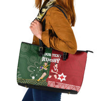 Custom Mate Maa Tonga And Kangaroo Australia Leather Tote Bag Tongan Kupesi Mix Aboriginal Art LT14 Green - Polynesian Pride