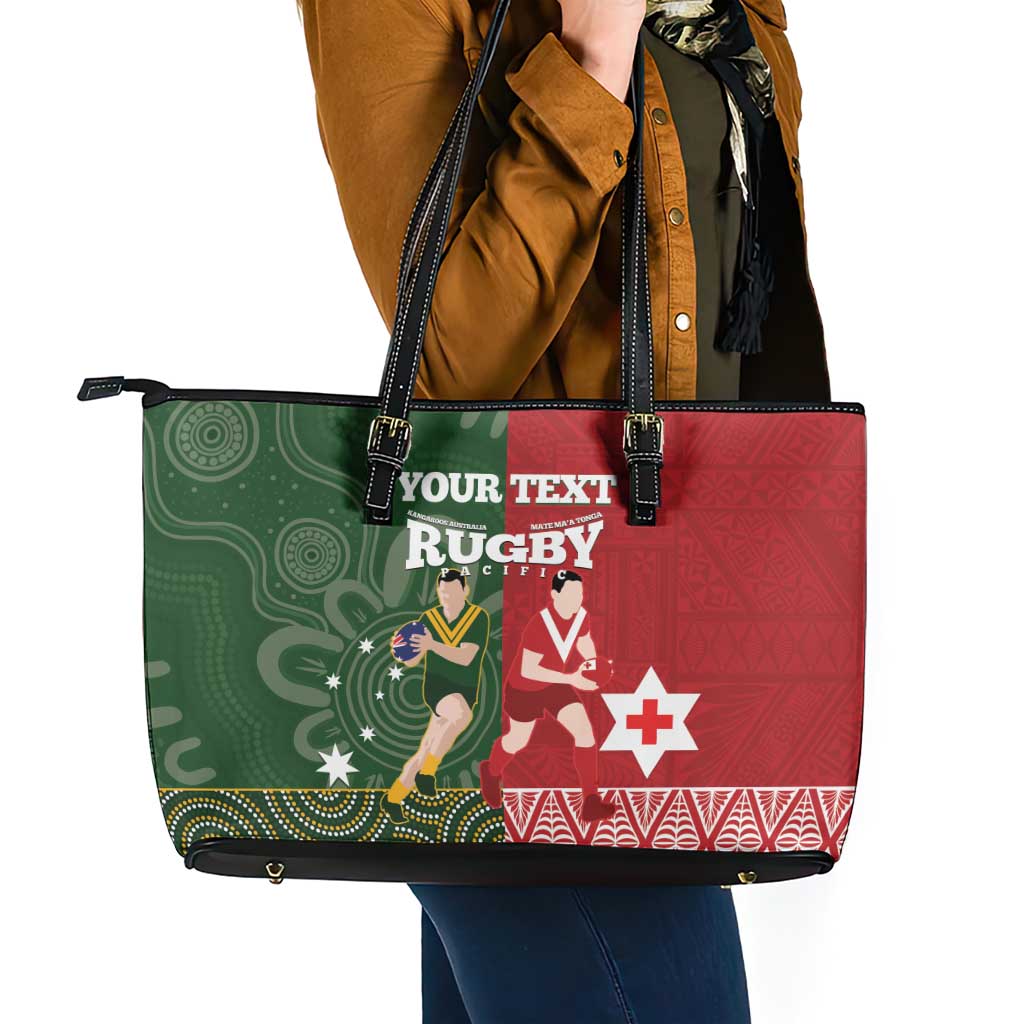 Custom Mate Maa Tonga And Kangaroo Australia Leather Tote Bag Tongan Kupesi Mix Aboriginal Art LT14 - Polynesian Pride