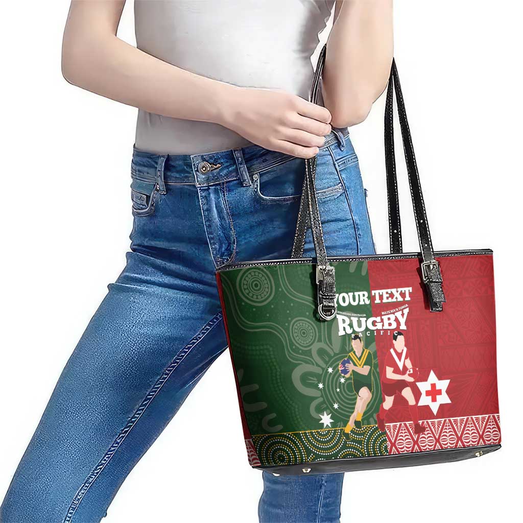Custom Mate Maa Tonga And Kangaroo Australia Leather Tote Bag Tongan Kupesi Mix Aboriginal Art LT14 - Polynesian Pride