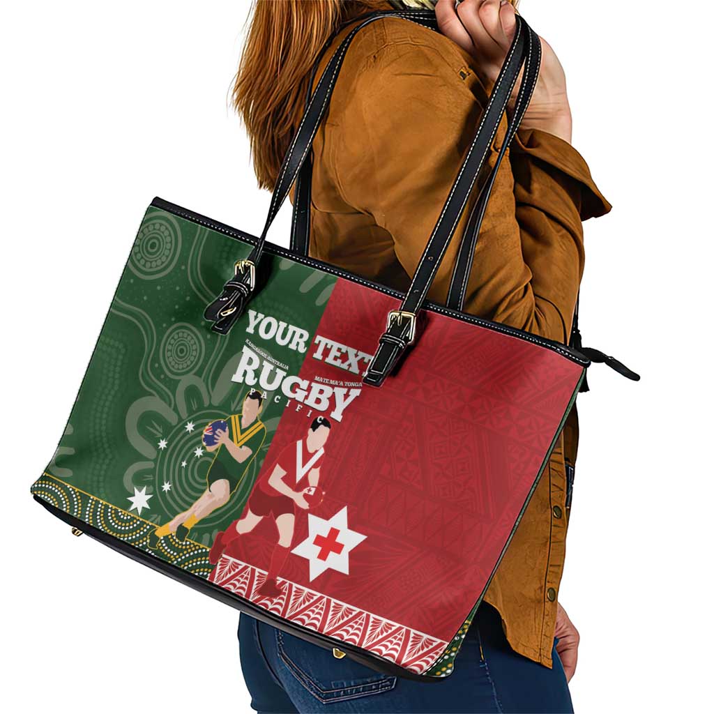Custom Mate Maa Tonga And Kangaroo Australia Leather Tote Bag Tongan Kupesi Mix Aboriginal Art LT14 - Polynesian Pride