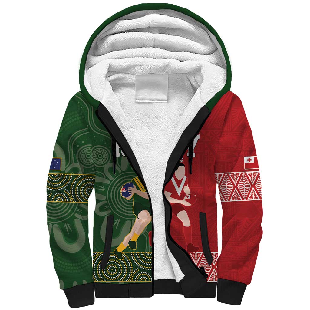Custom Mate Maa Tonga And Kangaroo Australia Sherpa Hoodie Tongan Kupesi Mix Aboriginal Art LT14 Unisex Green - Polynesian Pride