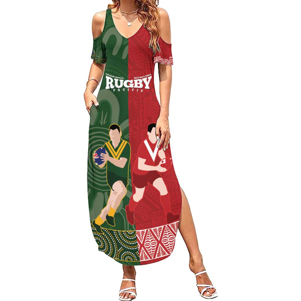 Custom Mate Maa Tonga And Kangaroo Australia Summer Maxi Dress Tongan Kupesi Mix Aboriginal Art LT14 Women Green - Polynesian Pride