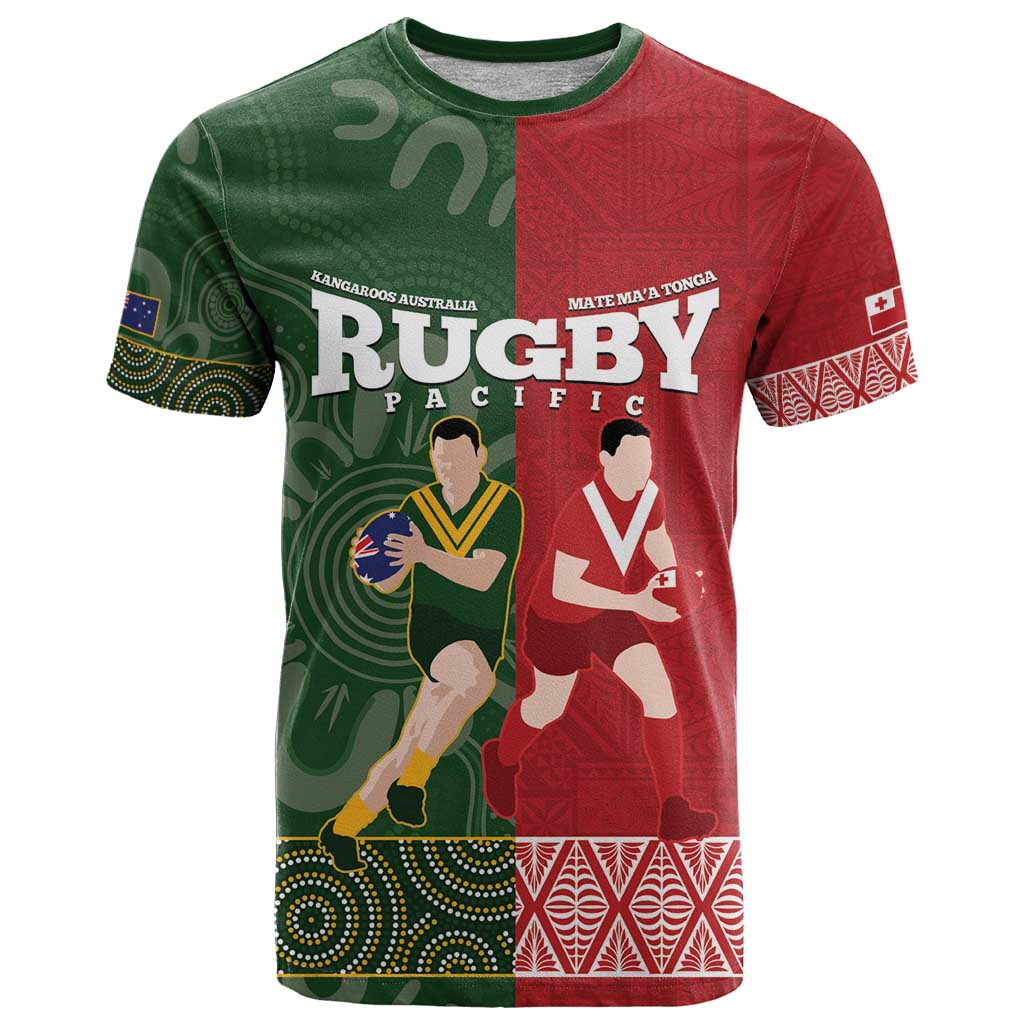 Custom Mate Maa Tonga And Kangaroo Australia T Shirt Tongan Kupesi Mix Aboriginal Art LT14 Green - Polynesian Pride