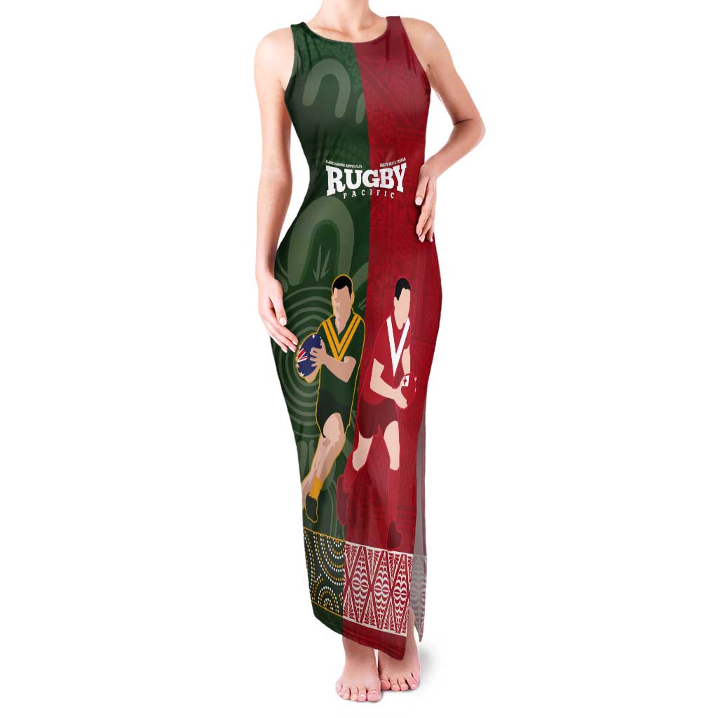 Custom Mate Maa Tonga And Kangaroo Australia Tank Maxi Dress Tongan Kupesi Mix Aboriginal Art LT14 Women Green - Polynesian Pride