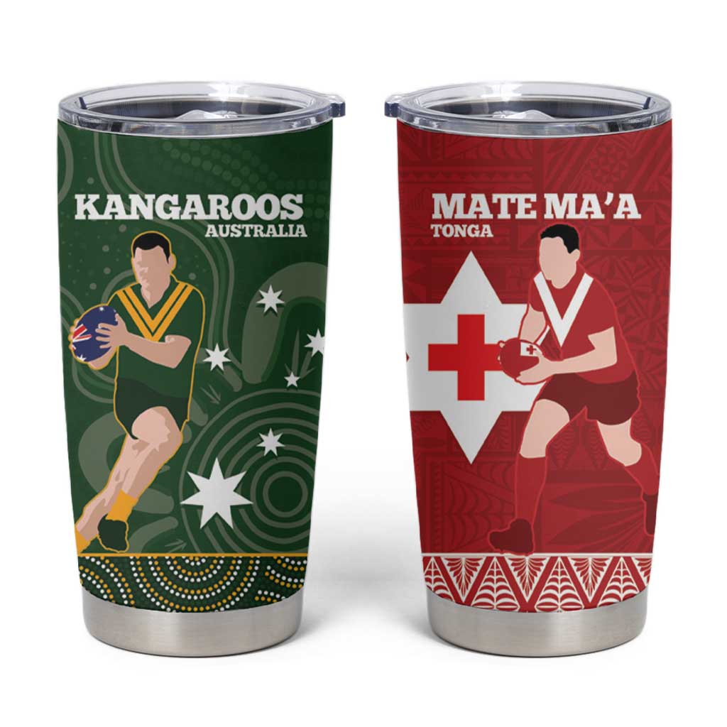 Personalised Mate Maa Tonga And Kangaroo Australia Tumbler Cup Tongan Kupesi Mix Aboriginal Art LT14 Green - Polynesian Pride