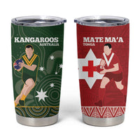 Personalised Mate Maa Tonga And Kangaroo Australia Tumbler Cup Tongan Kupesi Mix Aboriginal Art LT14 Green - Polynesian Pride