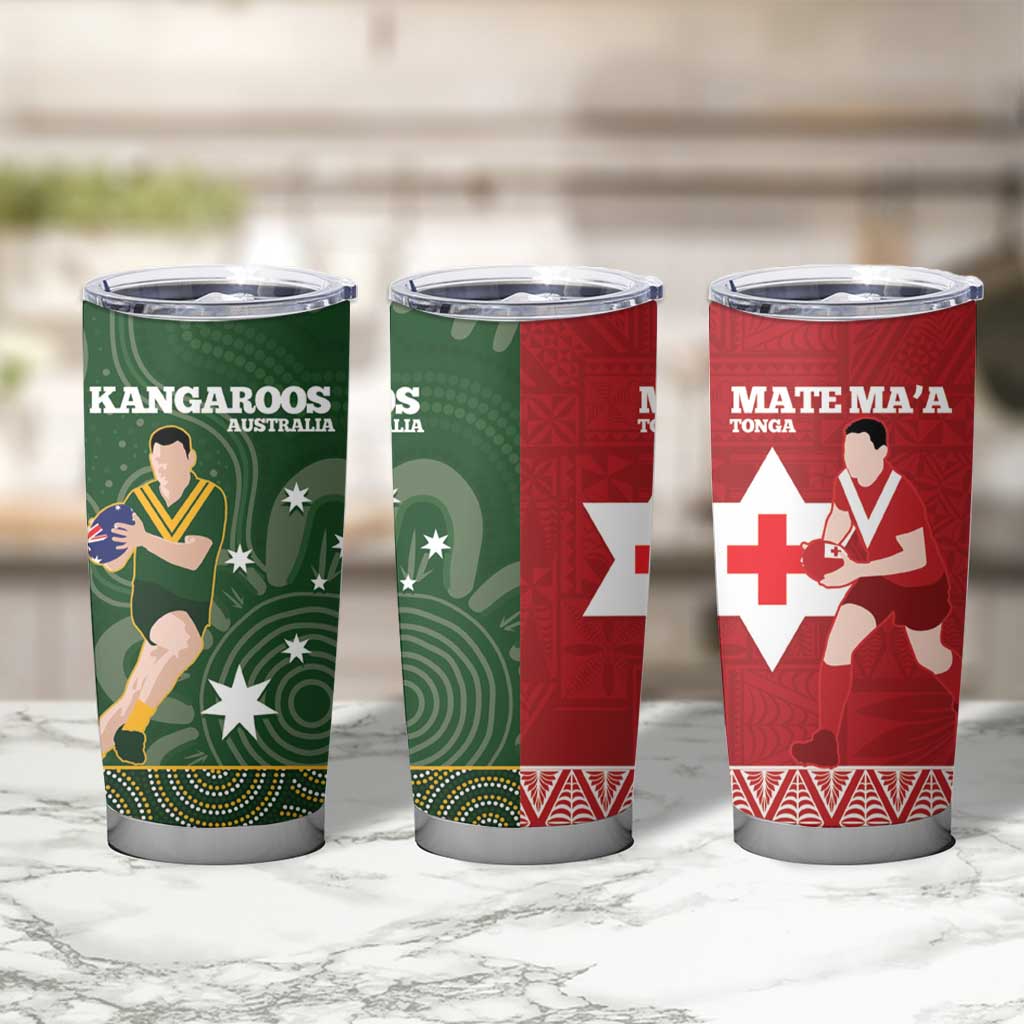 Personalised Mate Maa Tonga And Kangaroo Australia Tumbler Cup Tongan Kupesi Mix Aboriginal Art LT14 - Polynesian Pride