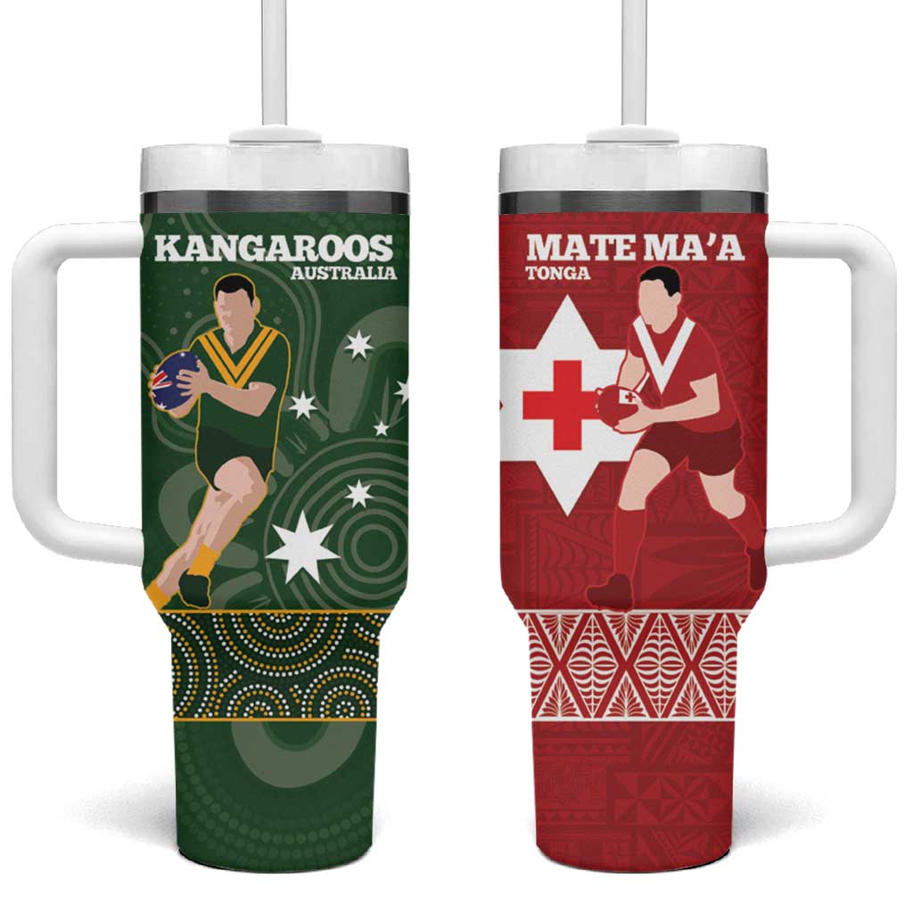 Personalised Mate Maa Tonga And Kangaroo Australia Tumbler With Handle Tongan Kupesi Mix Aboriginal Art LT14 One Size: 40 oz Green - Polynesian Pride