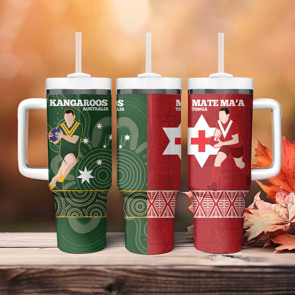 Personalised Mate Maa Tonga And Kangaroo Australia Tumbler With Handle Tongan Kupesi Mix Aboriginal Art LT14 - Polynesian Pride