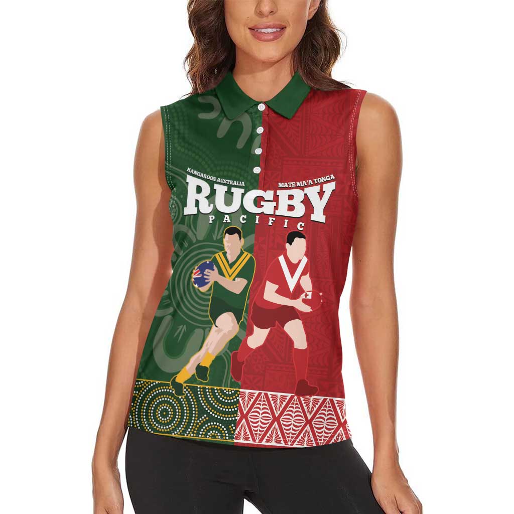 Custom Mate Maa Tonga And Kangaroo Australia Women Sleeveless Polo Shirt Tongan Kupesi Mix Aboriginal Art