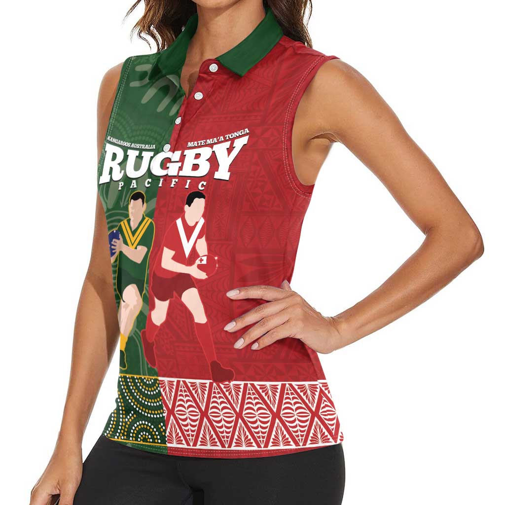 Custom Mate Maa Tonga And Kangaroo Australia Women Sleeveless Polo Shirt Tongan Kupesi Mix Aboriginal Art