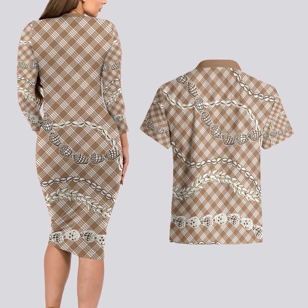 Brown Aloha Hawaii Shell Lei Couples Matching Long Sleeve Bodycon Dress and Hawaiian Shirt Palaka Hebrew Cone Honey Cowrie Elegant Curves - Polynesian Pride