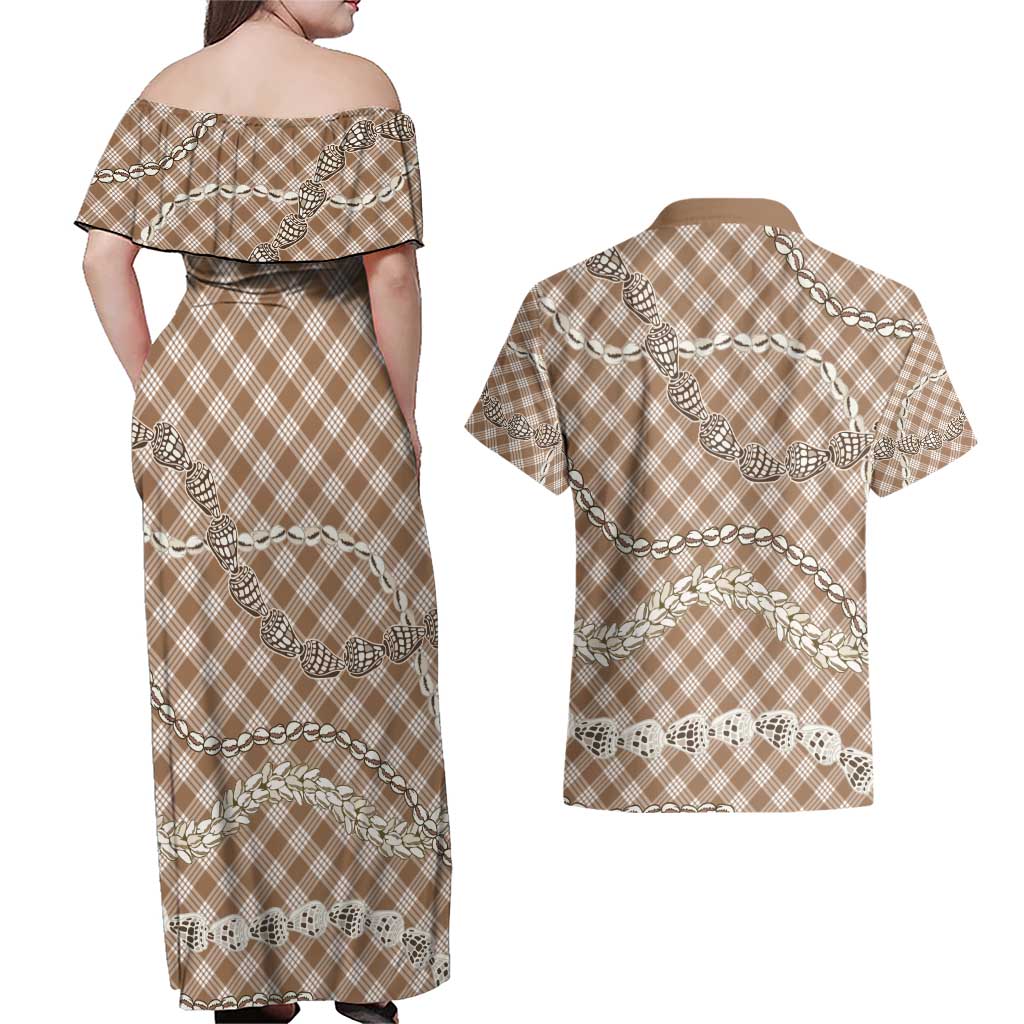Brown Aloha Hawaii Shell Lei Couples Matching Off Shoulder Maxi Dress and Hawaiian Shirt Palaka Hebrew Cone Honey Cowrie Elegant Curves - Polynesian Pride