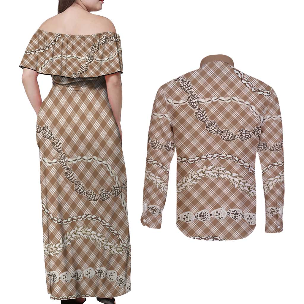 Brown Aloha Hawaii Shell Lei Couples Matching Off Shoulder Maxi Dress and Long Sleeve Button Shirt Palaka Hebrew Cone Honey Cowrie Elegant Curves - Polynesian Pride
