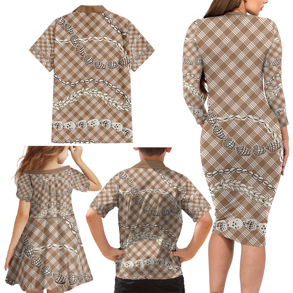 Brown Aloha Hawaii Shell Lei Family Matching Long Sleeve Bodycon Dress and Hawaiian Shirt Palaka Hebrew Cone Honey Cowrie Elegant Curves - Polynesian Pride
