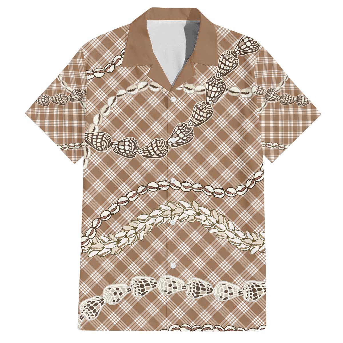 Brown Aloha Hawaii Shell Lei Family Matching Off The Shoulder Long Sleeve Dress and Hawaiian Shirt Palaka Hebrew Cone Honey Cowrie Elegant Curves - Polynesian Pride