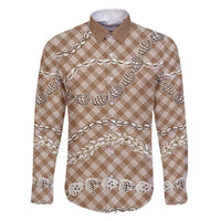 Brown Aloha Hawaii Shell Lei Family Matching Off The Shoulder Long Sleeve Dress and Hawaiian Shirt Palaka Hebrew Cone Honey Cowrie Elegant Curves - Polynesian Pride