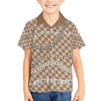 Brown Aloha Hawaii Shell Lei Family Matching Off The Shoulder Long Sleeve Dress and Hawaiian Shirt Palaka Hebrew Cone Honey Cowrie Elegant Curves - Polynesian Pride