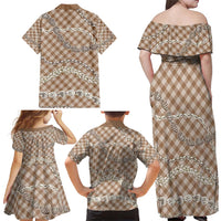 Brown Aloha Hawaii Shell Lei Family Matching Off Shoulder Maxi Dress and Hawaiian Shirt Palaka Hebrew Cone Honey Cowrie Elegant Curves - Polynesian Pride