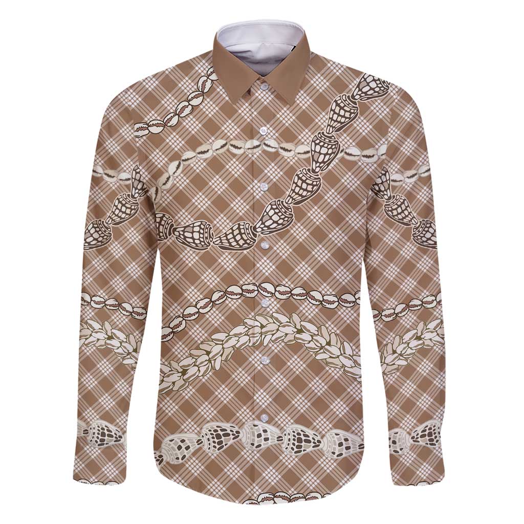 Brown Aloha Hawaii Shell Lei Family Matching Off Shoulder Maxi Dress and Hawaiian Shirt Palaka Hebrew Cone Honey Cowrie Elegant Curves - Polynesian Pride