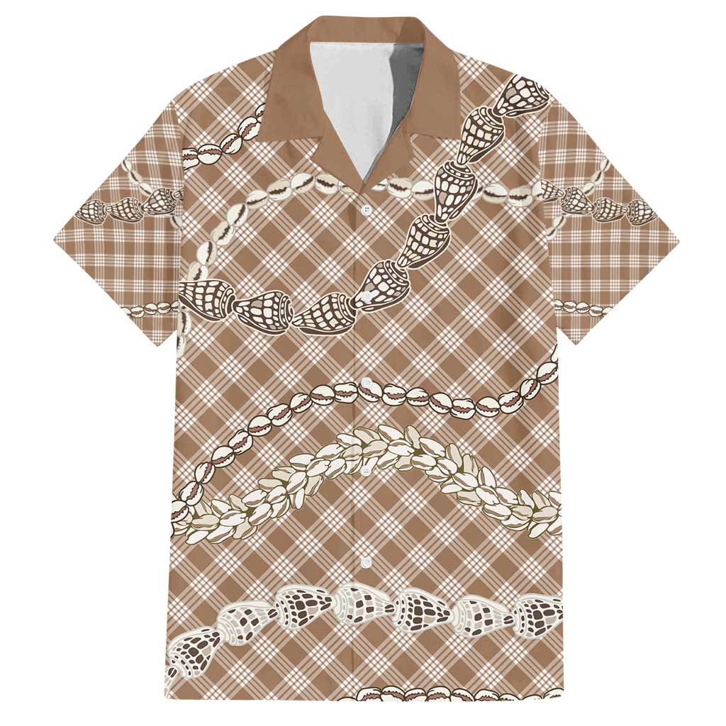 Brown Aloha Hawaii Shell Lei Family Matching Off Shoulder Short Dress and Hawaiian Shirt Palaka Hebrew Cone Honey Cowrie Elegant Curves - Polynesian Pride