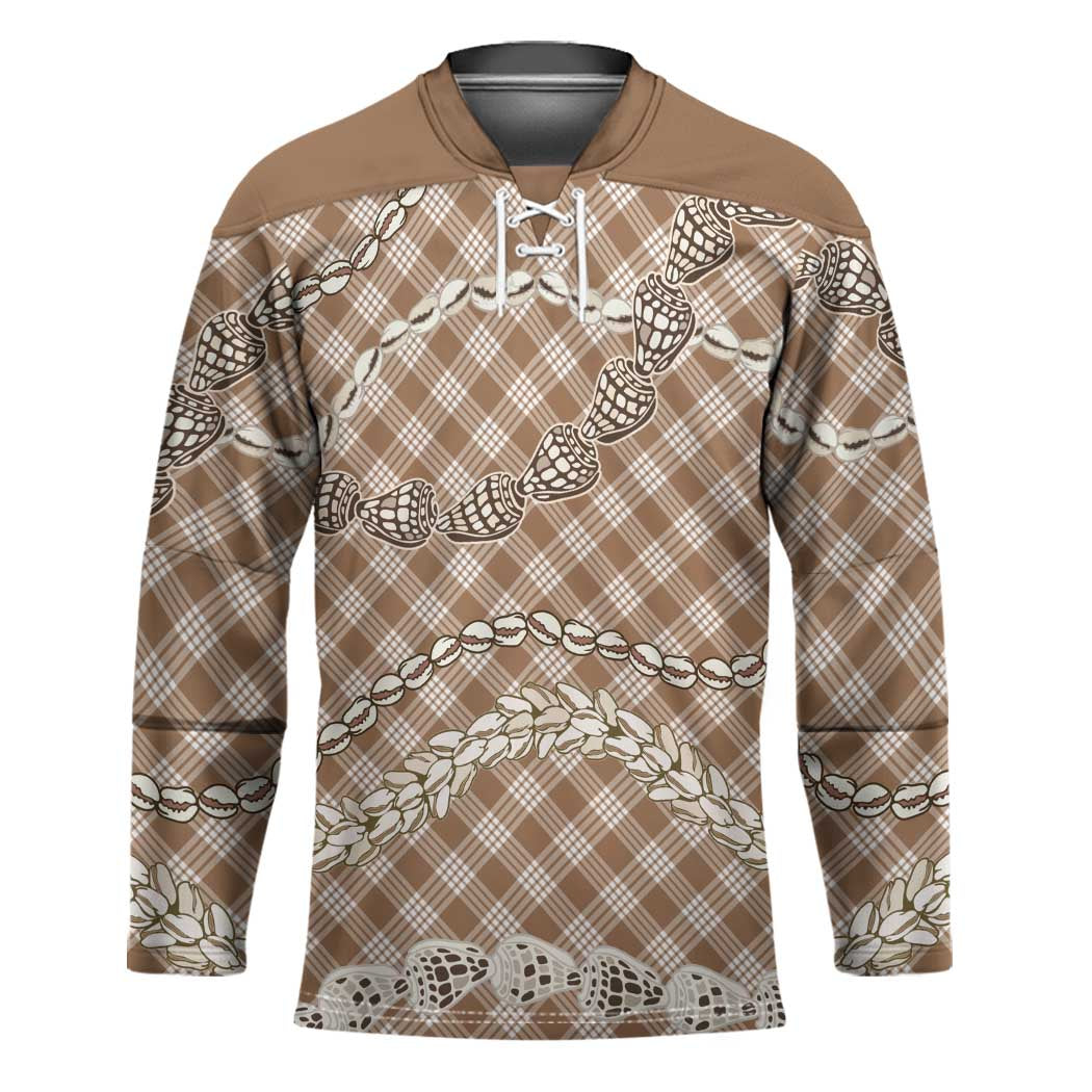 Brown Aloha Hawaii Shell Lei Hockey Jersey Palaka Hebrew Cone Honey Cowrie Elegant Curves - Polynesian Pride