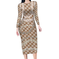 Brown Aloha Hawaii Shell Lei Long Sleeve Bodycon Dress Palaka Hebrew Cone Honey Cowrie Elegant Curves - Polynesian Pride