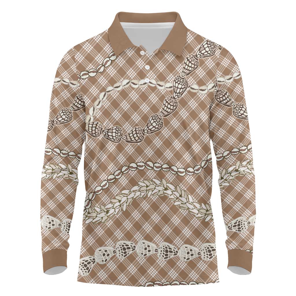Brown Aloha Hawaii Shell Lei Long Sleeve Polo Shirt Palaka Hebrew Cone Honey Cowrie Elegant Curves - Polynesian Pride