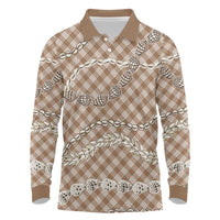 Brown Aloha Hawaii Shell Lei Long Sleeve Polo Shirt Palaka Hebrew Cone Honey Cowrie Elegant Curves - Polynesian Pride
