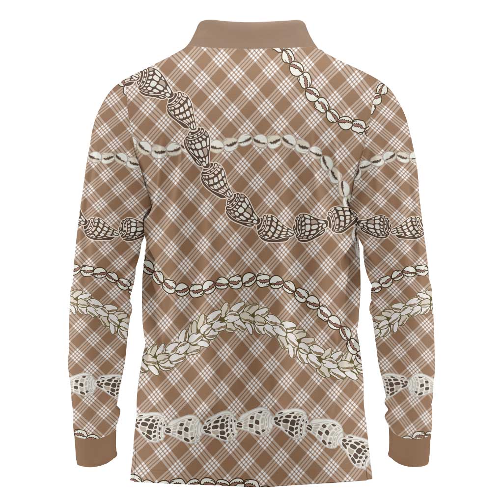 Brown Aloha Hawaii Shell Lei Long Sleeve Polo Shirt Palaka Hebrew Cone Honey Cowrie Elegant Curves - Polynesian Pride