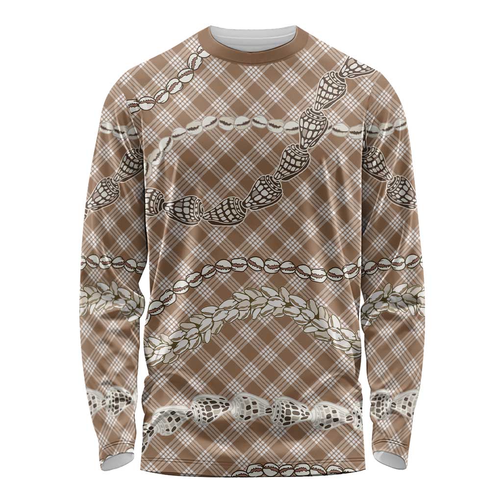Brown Aloha Hawaii Shell Lei Long Sleeve Shirt Palaka Hebrew Cone Honey Cowrie Elegant Curves - Polynesian Pride