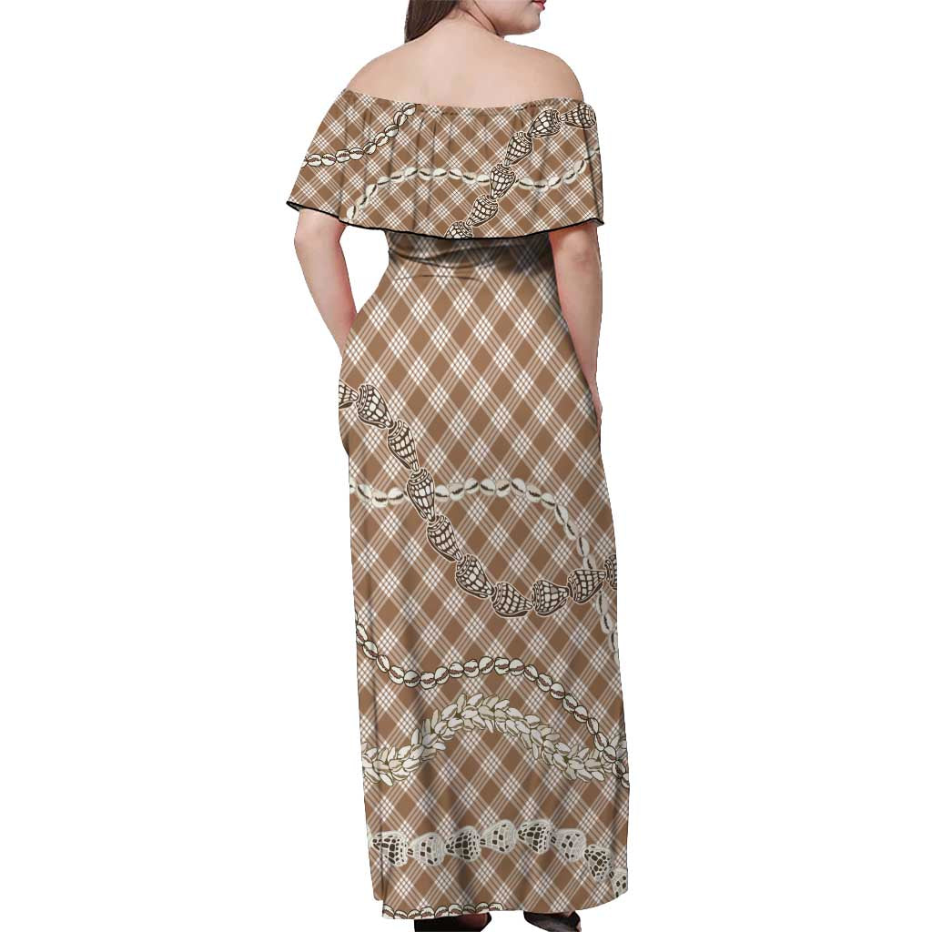 Brown Aloha Hawaii Shell Lei Off Shoulder Maxi Dress Palaka Hebrew Cone Honey Cowrie Elegant Curves - Polynesian Pride