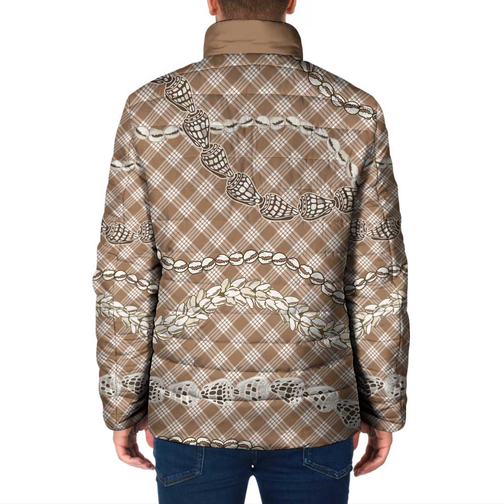 Brown Aloha Hawaii Shell Lei Padded Jacket Palaka Hebrew Cone Honey Cowrie Elegant Curves - Polynesian Pride