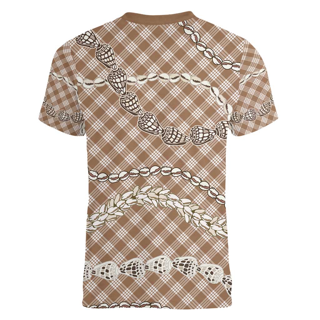 Brown Aloha Hawaii Shell Lei Women V-Neck T-Shirt Palaka Hebrew Cone Honey Cowrie Elegant Curves - Polynesian Pride