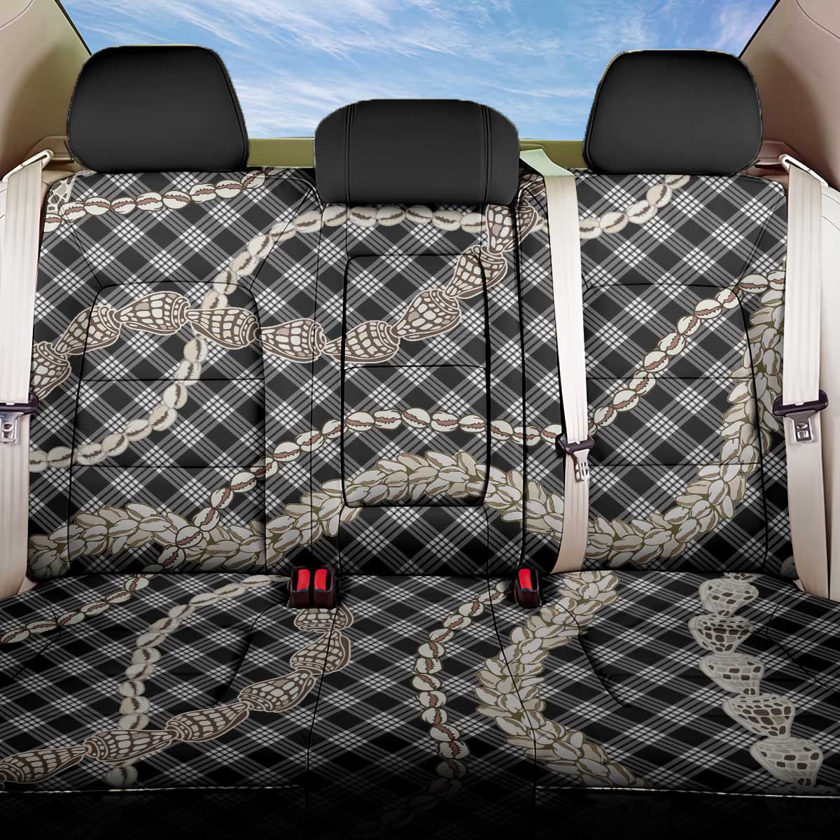 Black Aloha Hawaii Shell Lei Back Car Seat Cover Palaka Hebrew Cone Honey Cowrie Elegant Curves - Polynesian Pride