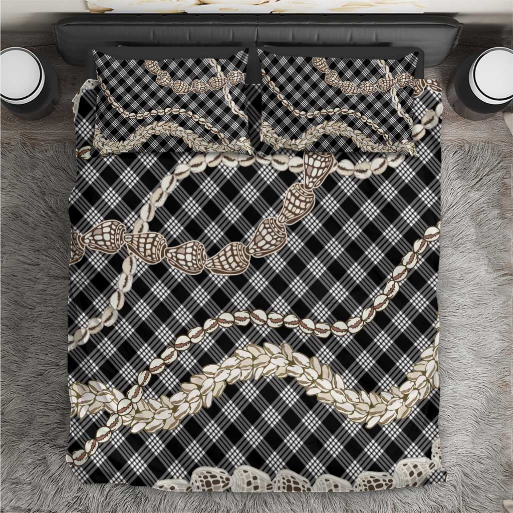 Black Aloha Hawaii Shell Lei Bedding Set Palaka Hebrew Cone Honey Cowrie Elegant Curves - Polynesian Pride