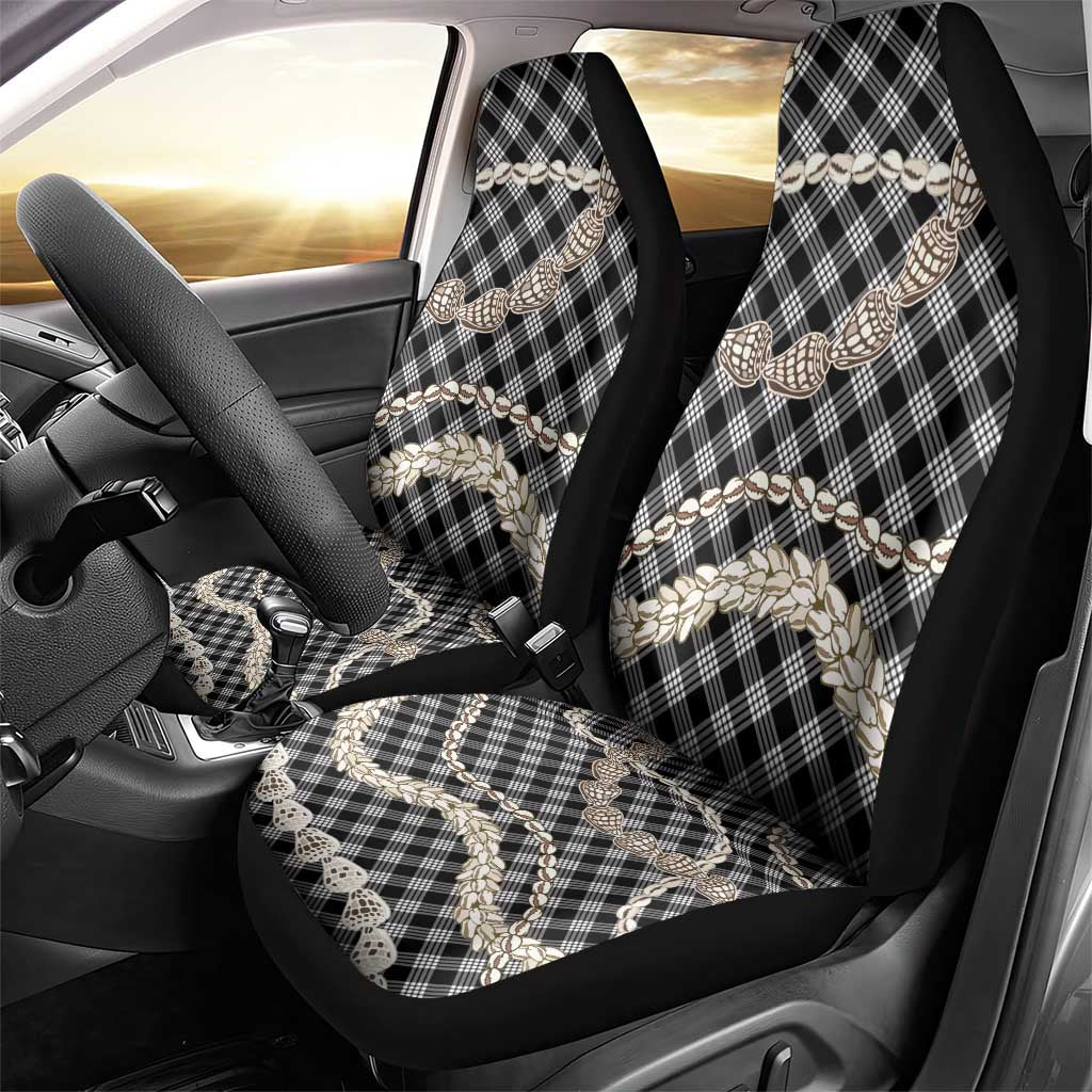 Black Aloha Hawaii Shell Lei Car Seat Cover Palaka Hebrew Cone Honey Cowrie Elegant Curves - Polynesian Pride